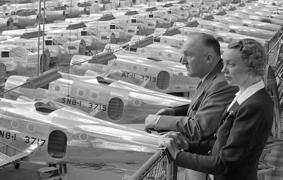 Walter and Olive Ann Beech look over the Beechcraft factory production line in 1940.