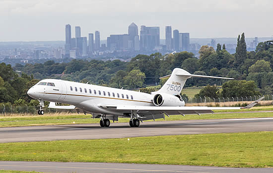 Jetcraft's Bombardier Global 7500 taking off from London Biggin Hill Airport