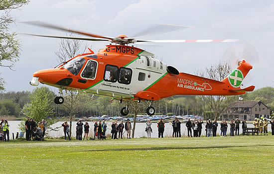 Magpas Air Ambulance AW169 lands in Priory Country Park, Bedford.