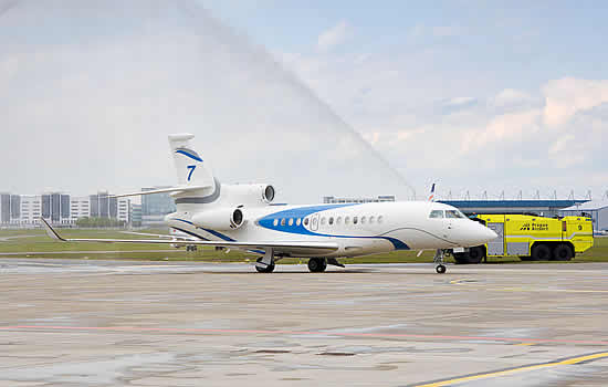 The Falcon 7X is welcomed in the traditional way at Prague Vaclav Havel Airport.