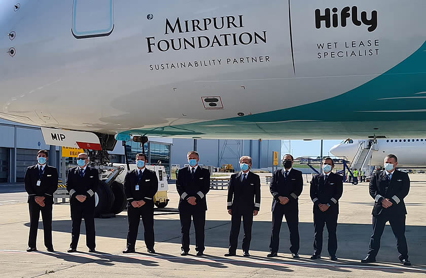 Hi Fly Vice President and Captain Carlos Mirpuri and his Crew at Beja Airport after their around the world flight.