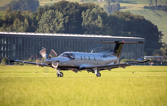 PC-12 NGX departing Stans, Switzerland, newly registered G-MDSI 