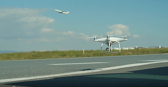 DJI drone above the apron at Frankfurt Airport