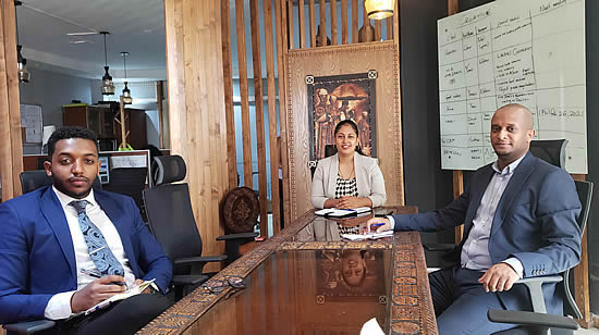 The Krimson management team: (L to R) Gideon Girmar, Commercial Manager; Helina Teshome, Managing Director; and Michael Mesfin, Koncierge Services Manager.