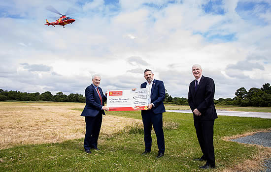 Philip McLernon on behalf of the Jockeys Emergency Fund and Mícheal Sheridan, CEO Community Air Ambulance and Denis Egan, CEO of the IHRB and member of the Jockeys Emergency Fund. A cheque presented for €50,000 on behalf of the Jockeys Emergency Fund (JEF) to the Irish Community Air Ambulance Service. The JEF has also committed to make further donations of €50,000 per annum for the next four years. : Picture: Alison Miles/OSM Photography.