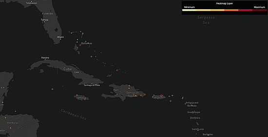 Heat map of business jet departures in September 2021 in Caribbean.