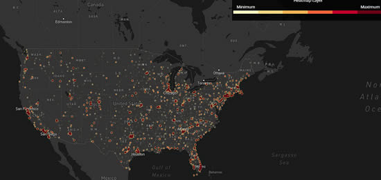 Heat map of domestic business jet activity in the US in September 2021