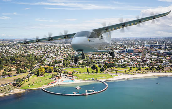 Electra eSTOL aircraft flying over the city of Geelong, and the Yarra River near Melbourne, Australia.