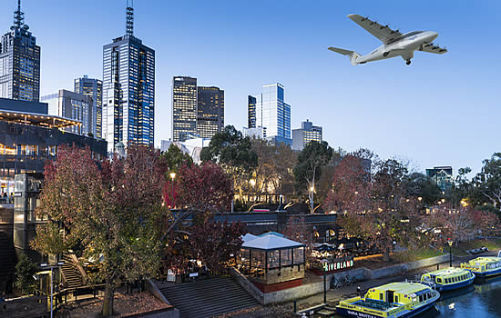 Electra eSTOL aircraft flying over the city of Geelong, and the Yarra River near Melbourne, Australia.