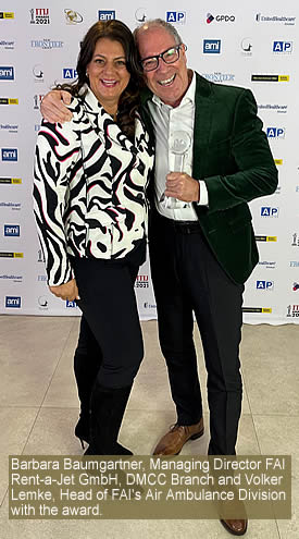 Barbara Baumgartner, Managing Director FAI Rent-a-Jet GmbH, DMCC Branch and Volker Lemke, Head of FAI's Air Ambulance Division with the award.