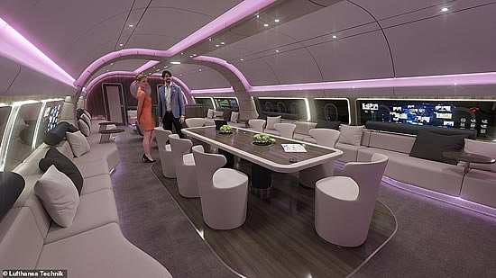 The multifunctional lounge area at the centre of the aircraft, pictured, has a projection system built into the walls and ceilings