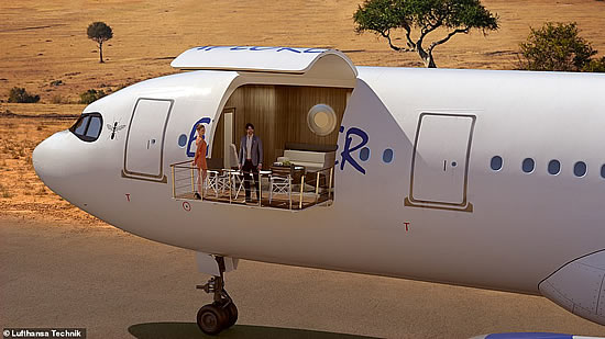 The floor in the forward fuselage area extends outward from the parked aircraft to form a spacious veranda. 