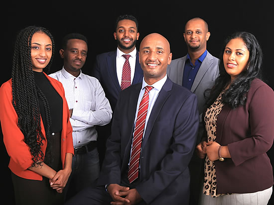 The Krimson management team, L to R Betelhem Shumu (MarCom Executive), Leul Mesfin (Flight Ops Team Leader), Gideon Girma (Commercial Manager), Dawit Lemma (CEO), Michael Mesfin (Koncierge and Services Manager), Helina Teshome (Managing Director)