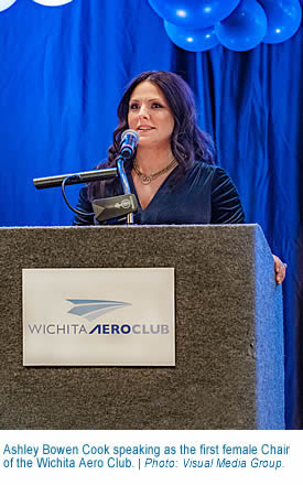 Ashley Bowen Cook speaking as the first female Chair of the Wichita Aero Club