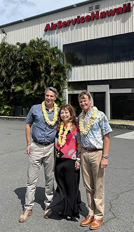 Pictured at the company’s Honolulu location are (L to R): Brian Corbett, Chief Executive Officer of Ross Aviation, Mi Kosasa, Vice President of Marketing & Sales for Air Service Hawaii, and Shaen Tarter, President of Air Service Hawaii.