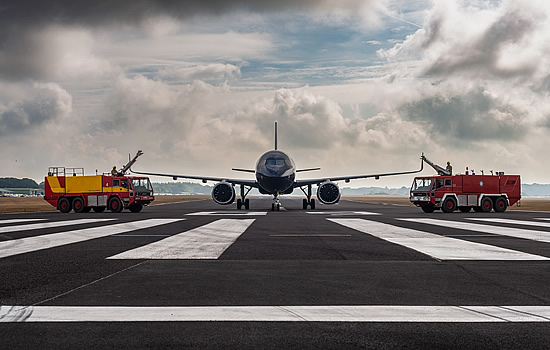 Traditionally, aircraft are often welcomed onto a new site with a water arch, provided by fire appliances. The Company chose not to do this in order to preserve water resources.