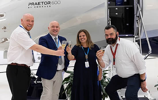(L to R): Air Charter Scotland's Continuing Airworthiness Manager, Richard Rooney; Air Charter Scotland's COO Derek Thomson; Embraer Customer Account Manager, Jenny Manning and Embraer Delivery Specialist, Jeremiah Orr with the new Praetor 600 at Embraer Aircraft - Melbourne, FL ahead of ferry flight to the UK.