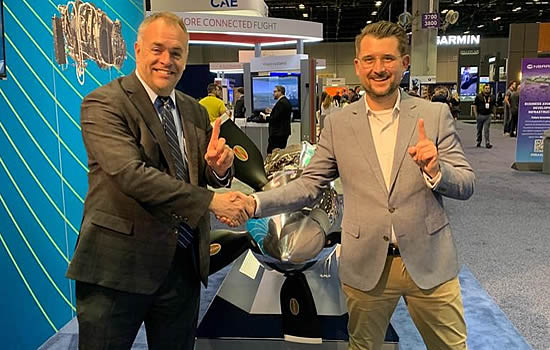 Tobias Bretzel, AERO Friedrichshafen Show Director with Jens C Henning, VP Operations at GAMA during NBAA-BACE, Orlando, FL. They are pleased to join forces with Emerald Media and BlueSky for SETOps 2023 - in Germany.