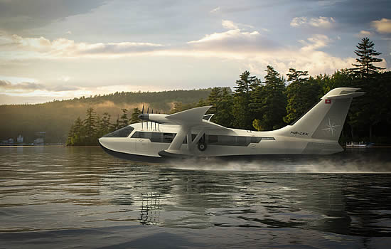 The Jekta PHA-ZE 100 electrically powered amphibious aircraft on water.