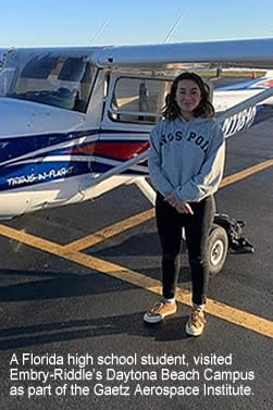 A Florida high school student, visited Embry-Riddle’s Daytona Beach Campus, as part of the Gaetz Aerospace Institute