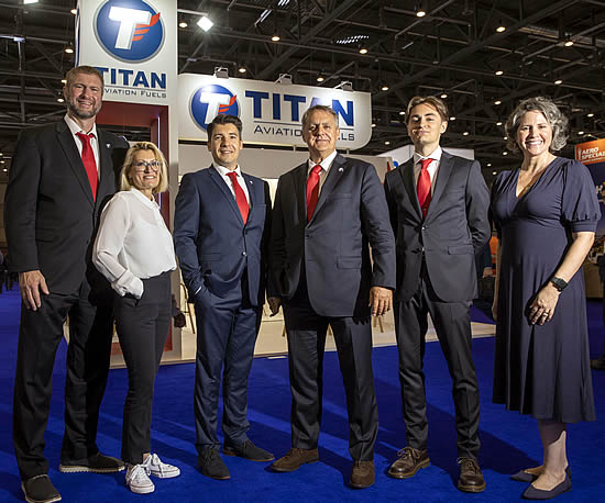 The TITAN Aviation Fuels international team: (L to R) David Sierzant Senior VP contract fuel, TITAN US, Valerie Bouthiaux, Managing Director, Lorin Popescu CFO, Daniel Coetzer, CEO, Alexi Coetzer, Account Manager all TITAN International, Rhonda Bernthal, Director of Marketing, TITAN US.