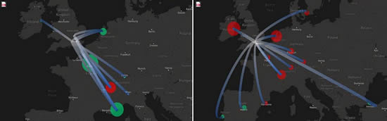 Business Jets vs Scheduled Airline city pairs, outbound London to Europe, 1st - 18th June 2023 vs 2019.