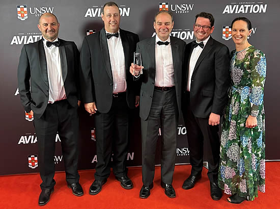 Air bp team with the Sustainability Initiative of the Year Award (L to R): Scott McCarthy, ANZ General Aviation Manager | Marc Nickl, NSW/NT/SA General Aviation Manager | Justin Walker, Global Technical Services Director | Austin Phillips, Electrical Vehicle Lead | Haley Mahoney, Asia Pacific Managing Director