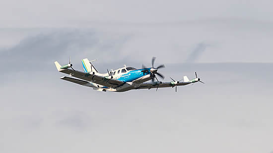 The EcoPulse hybrid-electric distributed propulsion aircraft demonstrator takes off on its first flight in the hybrid-electric mode from the Tarbes, France headquarters of Daher’s Aircraft Division | Photo: ©Daher.