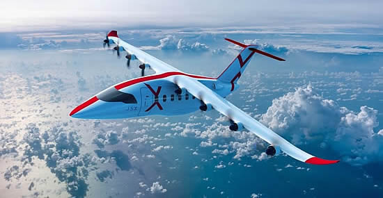 Rendering of the Aura Aero Era 19-seat hybrid-electric aircraft in JSX livery.