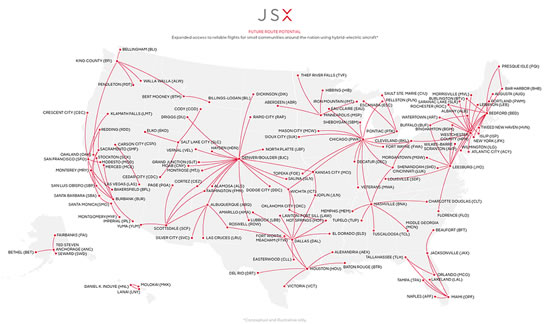 Sample route map of JSX air service options enabled using Aura Aero Era, Heart ES-30 and Electra eSTOL aircraft.