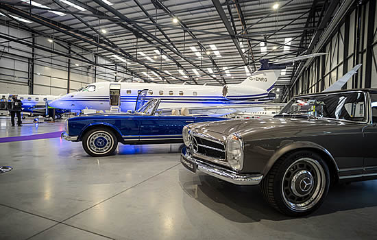 Luxaviation’s Praetor 600 alongside Hemmels' classic Mercedes at the London Biggin Hill launch.
