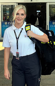 Lotte Petherick, FAI Air Ambulance medical crew member, prepares for departure from Dubai International Airport.