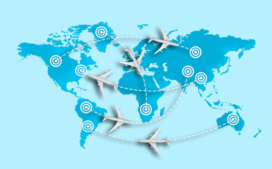 A map of the world with countries in blue against a lighter blue sea, showing ten airports and five white model aircraft flying between them.