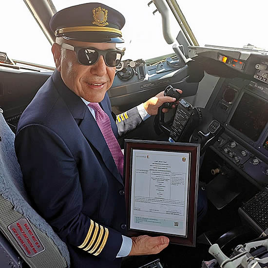 SolitAir CEO & Founder, Mr Hamdi Osman inside the cockpit of the newly arrived Boeing 737-800 aircraft on the day the company received its AOC to make it officially a UAE national carrier.