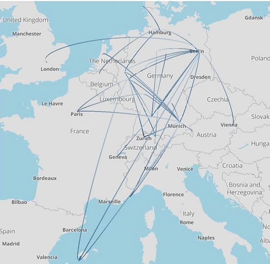 Business jet city flows from Germany, last three weeks (24th March-13th April).