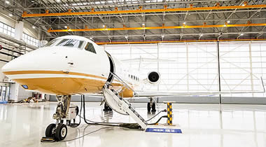 Aladdin Business Jet's G550 at ExecuJet Haite's MRO Facility at Beijing Daxing International Airport.