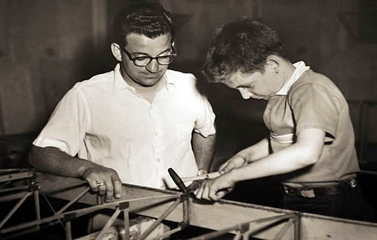 Louis C. Seno Sr. and Louis C. Seno Jr. work on their homebuilt aircraft, circa 1950s.
