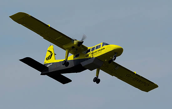 A Britten-Norman BN2T-4S Islander with World Mobile Stratospheric's advanced phased-array antenna system. 