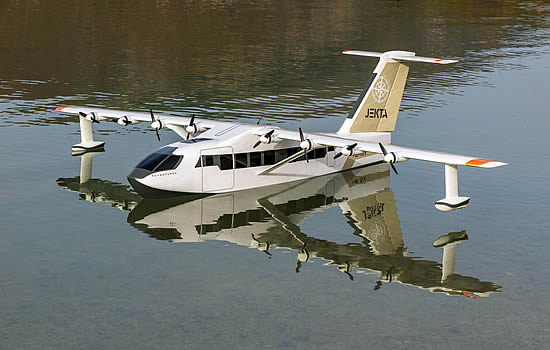 The PHA-ZE 100 1:9 scale model showcases how the amphibious aircraft will alight on its flying-boat hull, supported by underwing outrigger floats. The full-size aircraft will include retractable wheeled undercarriage for amphibious operations.