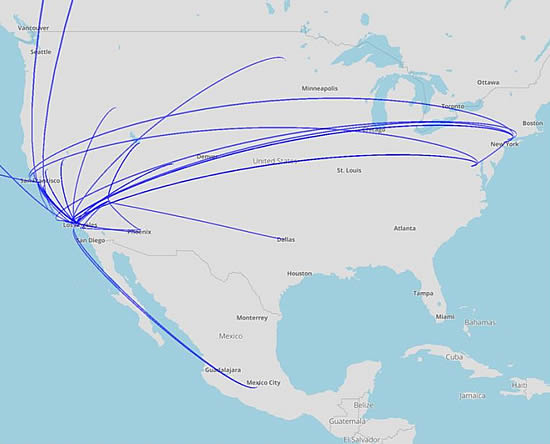 Map of Netflix corporate aircraft activity YTD (1 Jan-7 Dec).