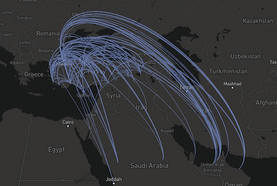 Business jet flights from the Middle East to Turkey: inbound flight (27 February-15 March).
