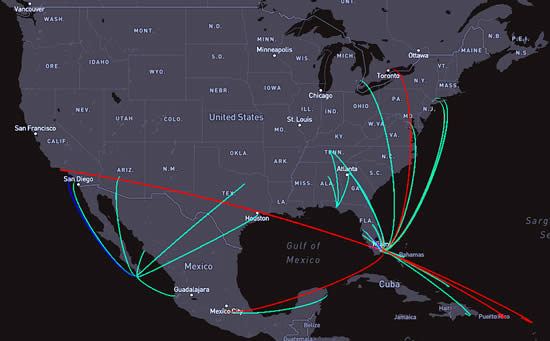 1-22 March business jet arrivals into Miami, Cabo San Lucas, Cancún, Panama City Beach, and Punta Cana.
