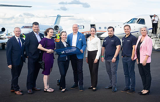 Members of The ACA team at the Air Charter Expo event. (From L-R): Kevin Ducksbury, chairman; Glenn Hogben, chief executive; Madeleine Field, GM Ops; Julie Ellis, head of training; Steve Downing, advisory group member; Malin Junkers, events & training executive; Alex Golubtsov, comms executive; Chris Adams, membership executive; Julie Black, deputy-chair.