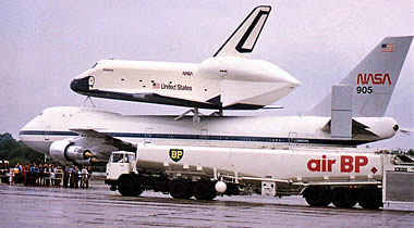 1980s: Air bp Germany- A NASA Boeing 747 carrying the prototype space shuttle Enterprise is fuelled by Air bp.