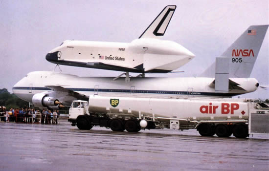 1980s: Air bp Germany- A NASA Boeing 747 carrying the prototype space shuttle Enterprise is fuelled by Air bp. 1980s: Air bp Germany- A NASA Boeing 747 carrying the prototype space shuttle Enterprise is fuelled by Air bp.