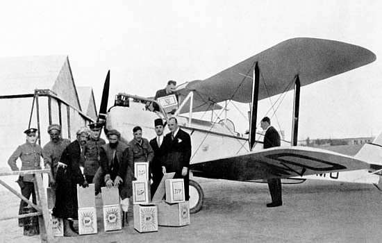 1920s: Messers Stack and Leete in two DH Moths being refueled with BP at Hinaidi Aerodrome Baghdad in the course of the 6000 mile flight from England to Karachi. 1920s: Messers Stack and Leete in two DH Moths being refueled with BP at Hinaidi Aerodrome Baghdad in the course of the 6000 mile flight from England to Karachi.