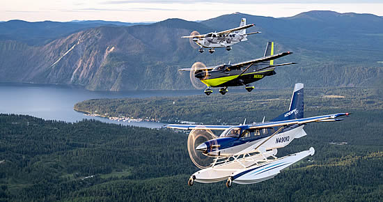 A formation flight from Daher Aircraft’s Sandpoint, Idaho production facility highlights the Kodiak family, with the Kodiak 100 on floats joined by a Kodiak 900 and the Kodiak 900 Multi-Mission demonstrator airplane.