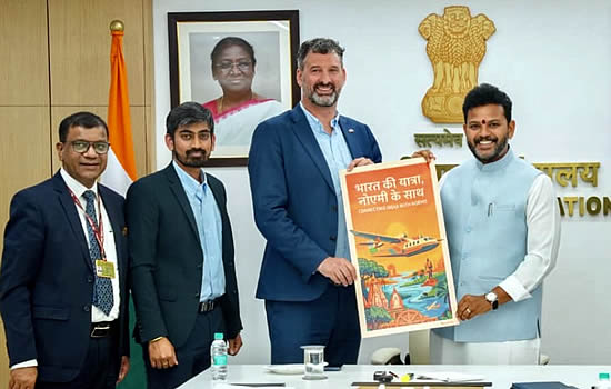 (L to R): Sunil Kumar Nagdawne, Chairman & Managing Director, Pawan Hans Ltd; Sathvik Rao, Certification and Airworthiness Lead, NOEMI Aerospace; Eric Lithun, Founder and CEO, NOEMI Aerospace; Hon'ble Shri Ram Mohan Naidu Ji, Minister of Civil Aviation.
