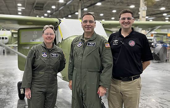 Maj. Gen. Regena Aye and Brig. Gen. R. Jason Bailey of the Civil Air Patrol tour Cessna piston assembly at Textron Aviation’s facility in Independence, Kansas. Maj. Gen. Regena Aye and Brig. Gen. R. Jason Bailey of the Civil Air Patrol tour Cessna piston assembly at Textron Aviation’s facility in Independence, Kansas.