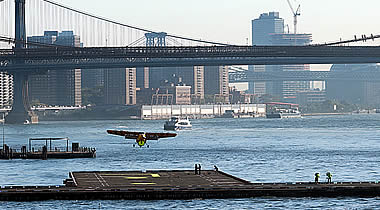 Electra’s hybrid-electric Ultra Short aircraft completed a historic flight at Downtown Skyport in Lower Manhattan, marking what is believed to be the heliport’s first takeoff and landing by a fixed-wing aircraft without vertical takeoff capability. Credit: Electra. Electra’s hybrid-electric Ultra Short aircraft completed a historic flight at Downtown Skyport in Lower Manhattan, marking what is believed to be the heliport’s first takeoff and landing by a fixed-wing aircraft without vertical takeoff capability. Credit: Electra.